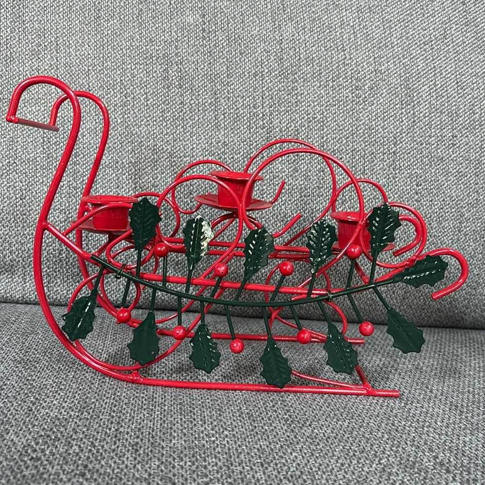 Vintage sculpted metal Christmas sleigh tapered candle holder holly berry design